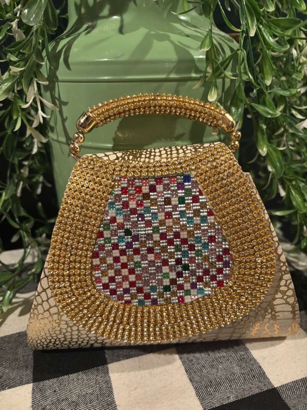 Gold Beaded Top-Handle Evening Bag with Multicolor Mosaic Panel